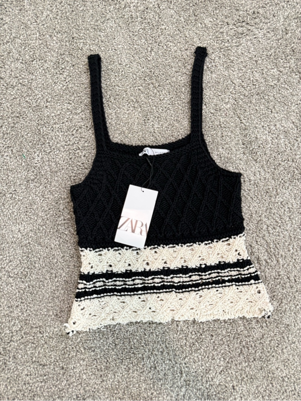 Zara Black and Cream Striped Crochet Tank Top size S